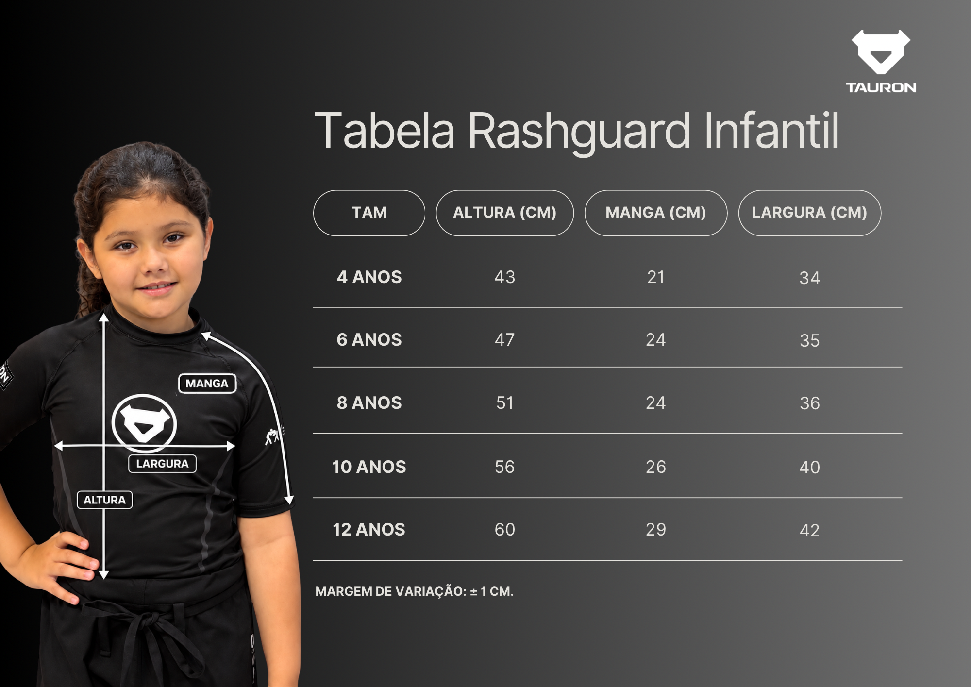 TABELA DE MEDIDAS RASHGUARD TAURON INFANTIL